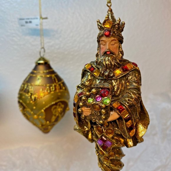 Brown W Gold Decor Glass Ball Teardrop N A King Christmas Ornaments Set of 3 - Picture 1 of 11